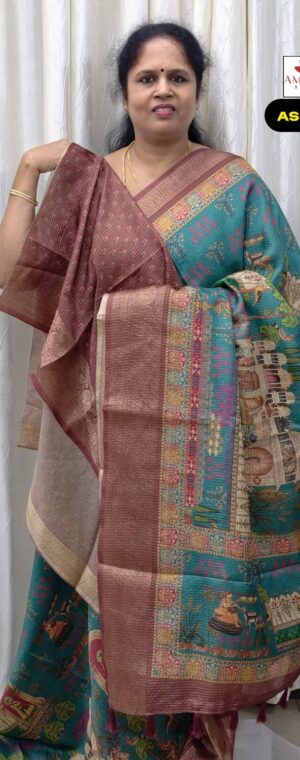 Sky Blue Mughal Motifs Printed Semi Tussar Saree | ASF429