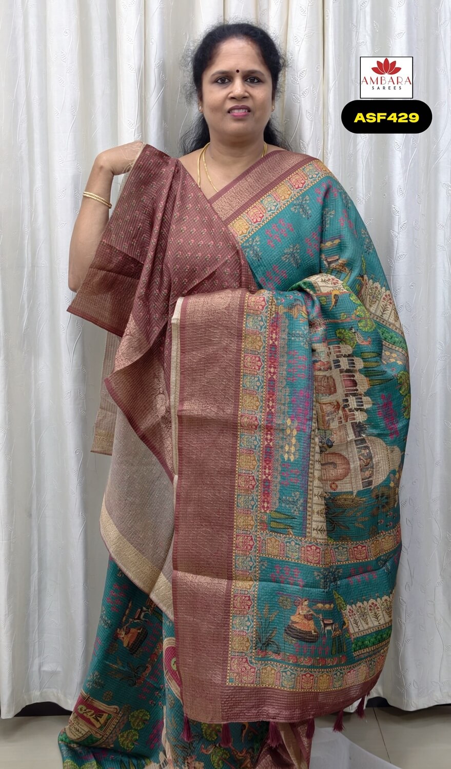 Sky Blue Mughal Motifs Printed Semi Tussar Saree | ASF429