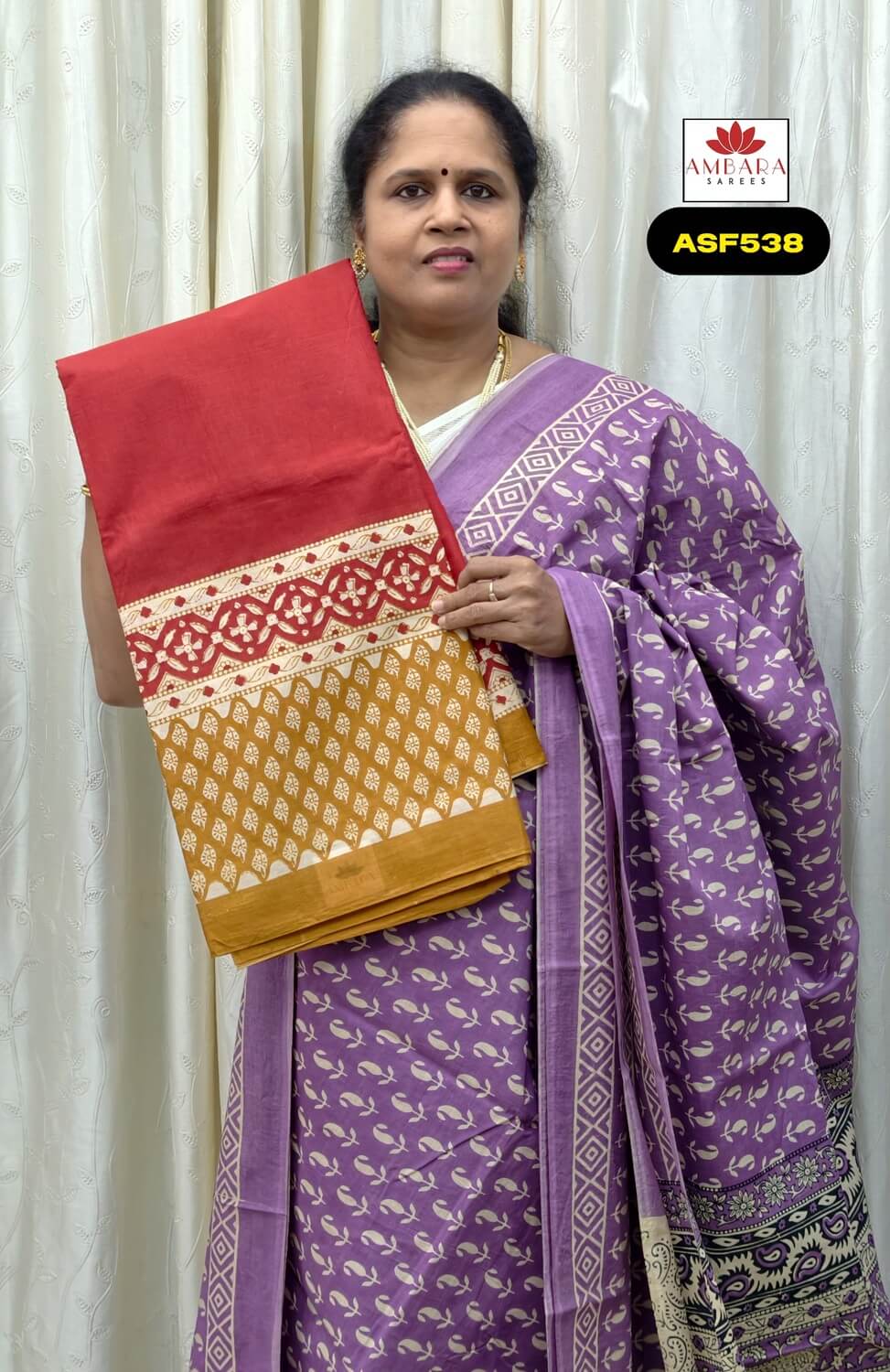 Red With Yellow Printed Mul Mul Cotton Saree | ASF538