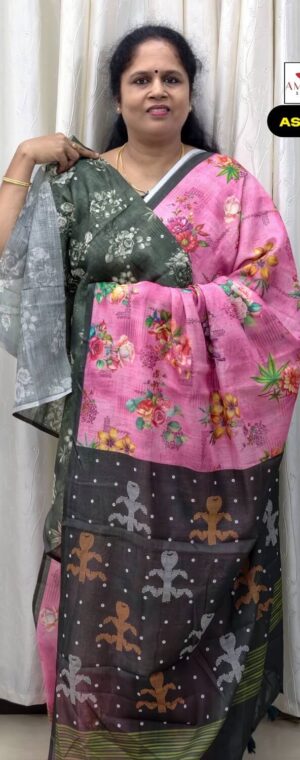 Pink Floral Linen Cotton Saree with Green Pallu | ASF394
