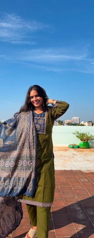 Green Ajrakh Printed Cotton Kurti With Dupatta | ASF627