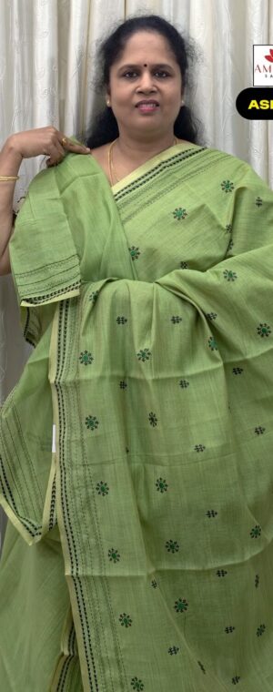 Green Embroidery Cotton Saree With Kantha Stitch | ASF465