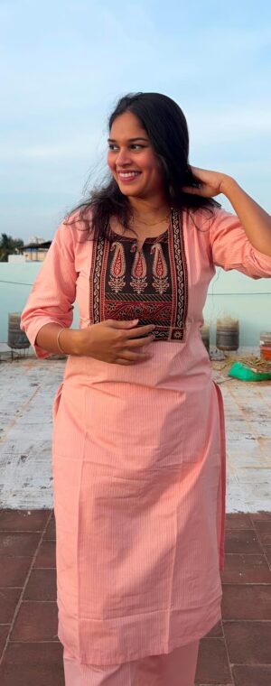 Peach Color Ajrakh Printed Cotton Kurti Set | ASF456