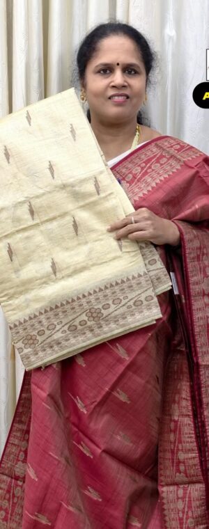 Off-White Geometrical Design Semi Tussar Saree | ASF571