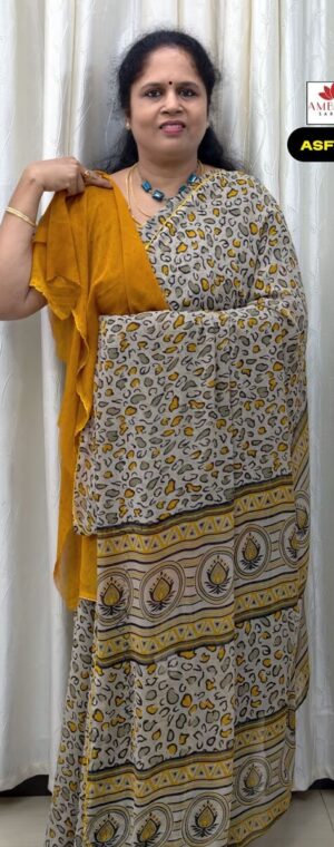 Golden Yellow Chiffon Saree with Small Prints & Blouse I ASF387