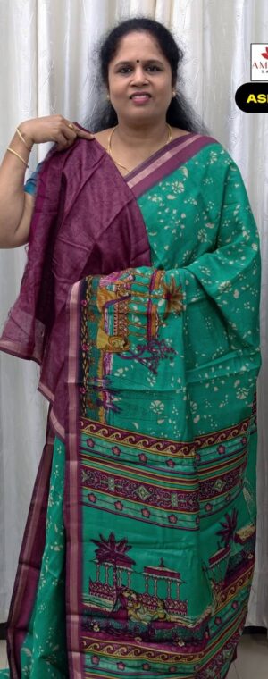 Green Mughal Art Design Soft Viscose Cotton Saree | ASF376