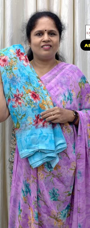 Sky Blue Chiffon Saree with Delicate Floral Prints | ASF436