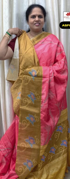 Pink With Mustard Color Crushed Semi Tussar Saree | ASF823