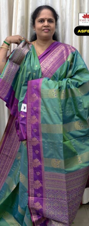 Green With Violet Border Semi Soft Silk Sarees | ASF872