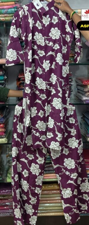 Magenta Color Floral Printed Cotton Kurti Set | ASF778