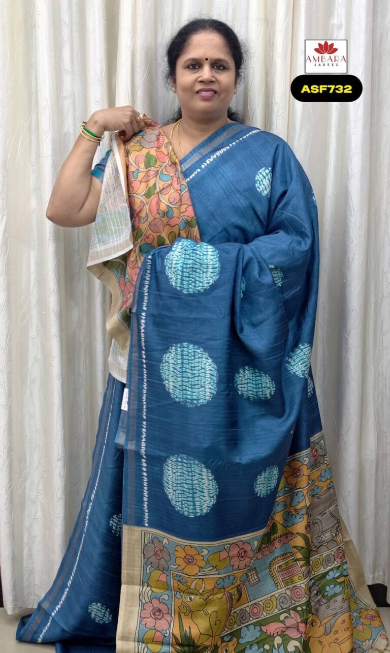 Ink Blue Color Printed Semi Tussar Saree | ASF732
