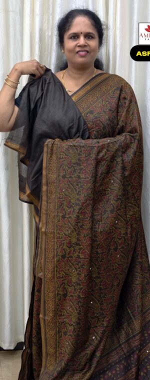 Brown Printed Malai Cotton Saree with Self Zari Border | ASF966