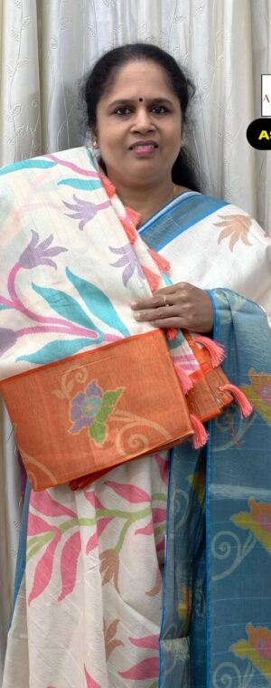 Off-White With Orange Border Crushed Semi Tussar Saree | ASF898