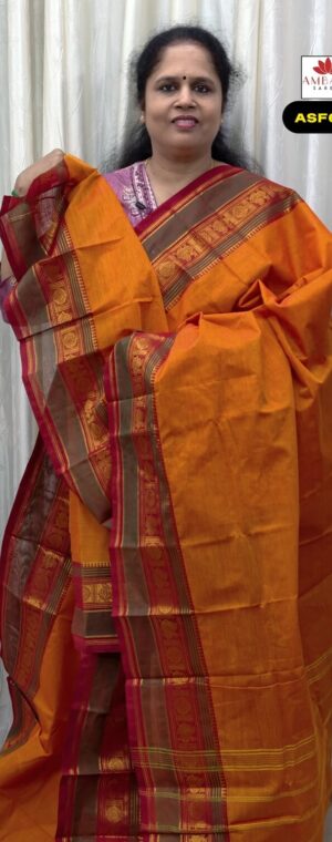 Orange With Green Border Chettinad Cotton Saree | ASF632