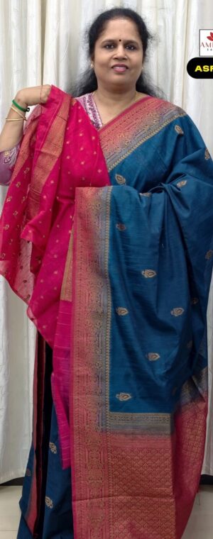 Blue With Pink Border Cotton Banarasi Saree | ASF654
