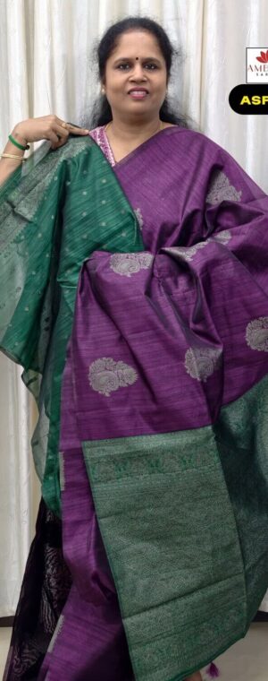 Violet With Green Kora Semi Silk Cotton Saree | ASF651