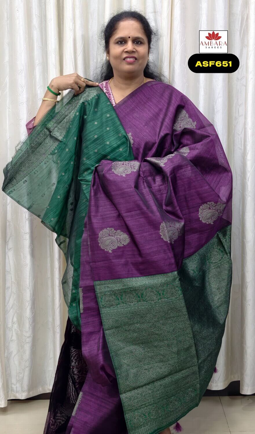 Violet With Green Kora Semi Silk Cotton Saree | ASF651