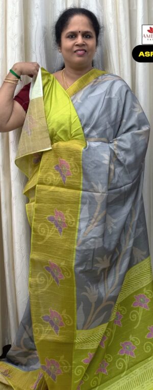 Grey With Green Color Crushed Semi Tussar Saree | ASF826