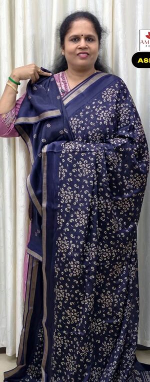 Navy Blue Floral Printed Semi Crepe Saree | ASF636