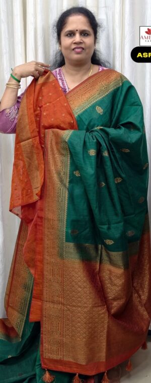 Green With Orange Border Cotton Banarasi Saree | ASF657