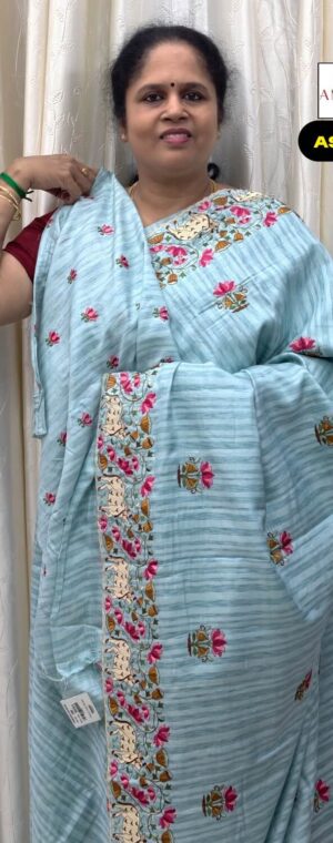 Light Sky Blue Floral Embroidery Semi Tussar Silk Saree | ASF800