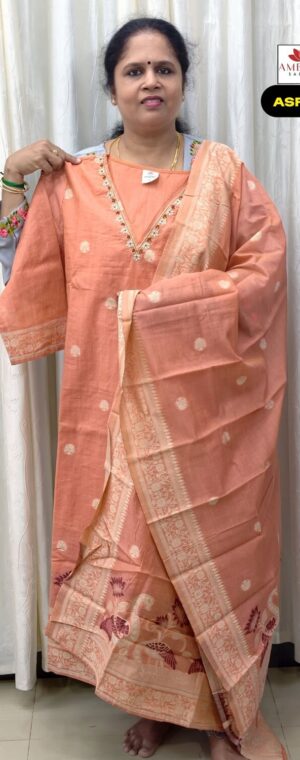 Peach Color Cotton Jamdhani Kurti Set | ASF694