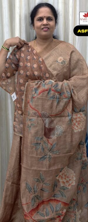 Light Choco Color Soft Cotton Saree With Kantha Stitch | ASF749