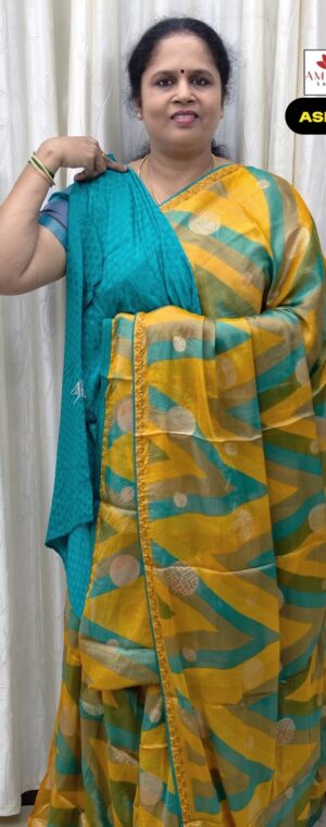 Yellow With Green Designer Chiffon Saree | ASF740