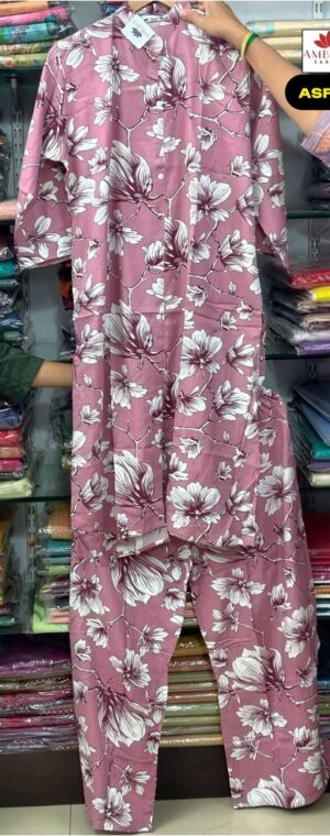 Onion Pink Color Floral Cotton Printed Kurti Set | ASF779