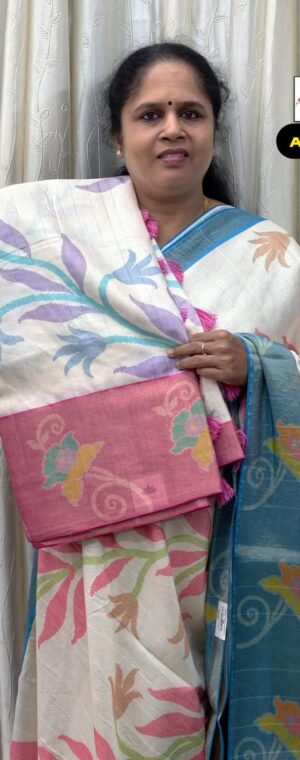 Off-White With Pink Border Crushed Semi Tussar Saree | ASF897