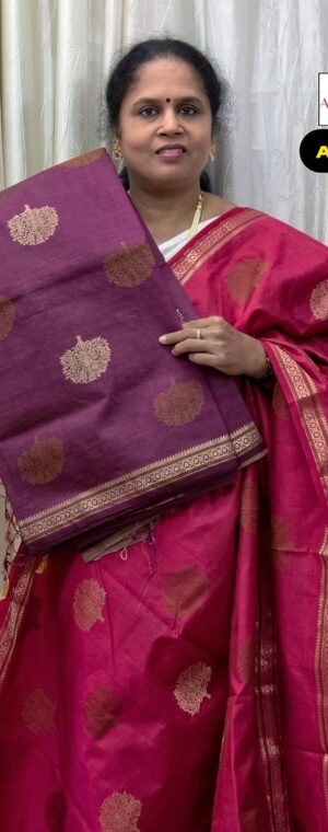 Magenta Semi Tussar Saree With Gold Zari Prints | ASF621