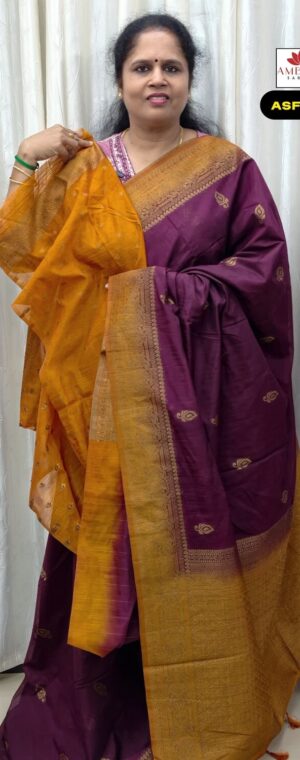 Magenta With Orange Border Cotton Banarasi Saree | ASF655