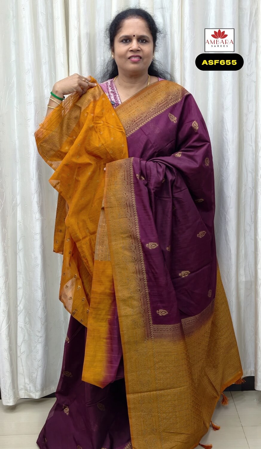 Magenta With Orange Border Cotton Banarasi Saree | ASF655