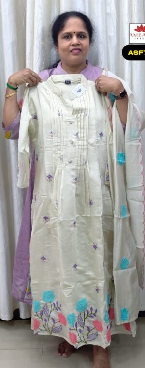 White Color Embroidery Mul Chanderi Cotton Kurti Set | ASF771