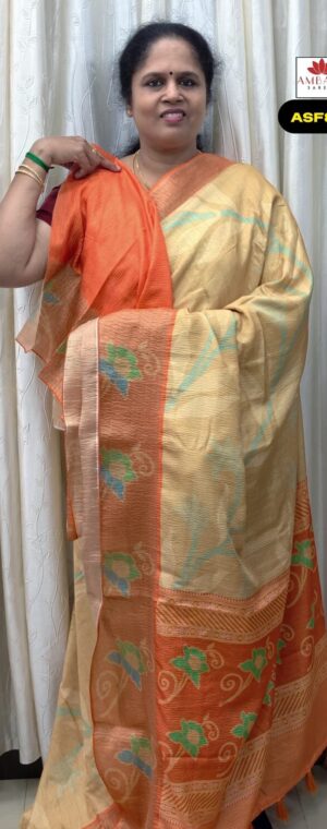 Sandal With Orange Color Crushed Semi Tussar Saree | ASF824