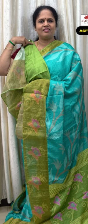 Sky Blue With Green Color Crushed Semi Tussar Saree | ASF830