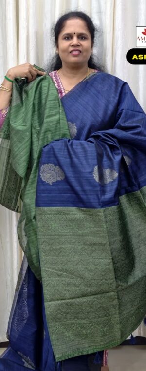 Ink Blue With Green Kora Semi Silk Cotton Saree | ASF649