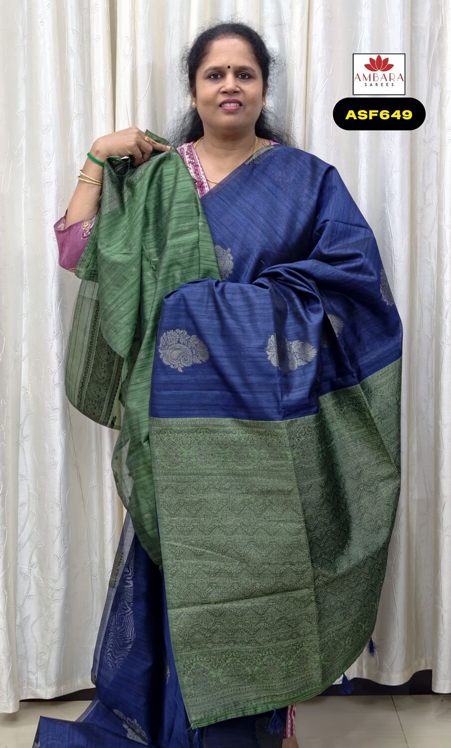 Ink Blue With Green Kora Semi Silk Cotton Saree | ASF649