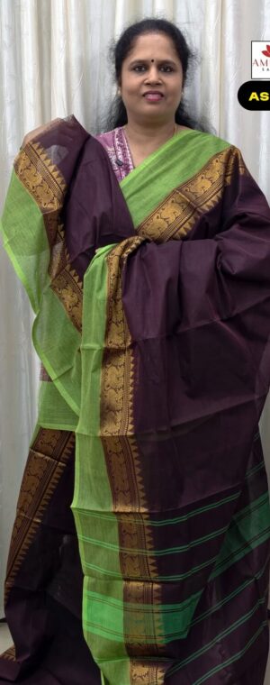 Brown With Green Border Chettinad Cotton Saree | ASF631