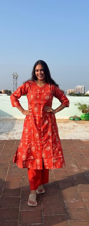 Rust Orange Color Floral Printed Anarkali Kurti Set | ASF770