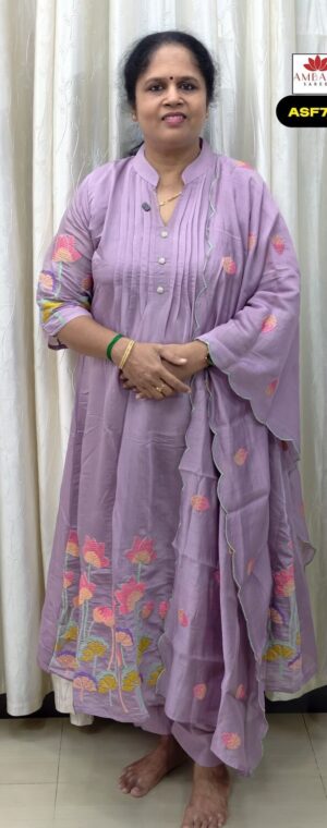 Lavender Color Embroidery Mul Chanderi Cotton Kurti Set | ASF772