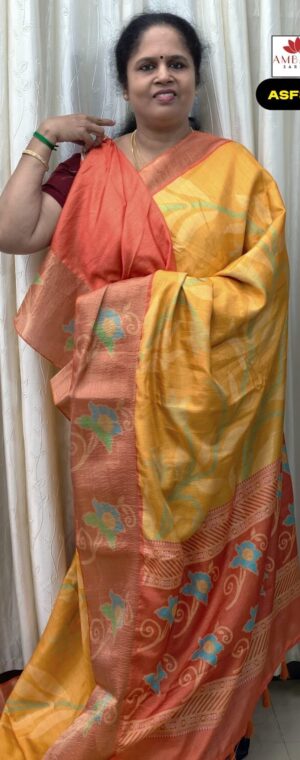 Yellow With Orange Color Crushed Semi Tussar Saree | ASF829