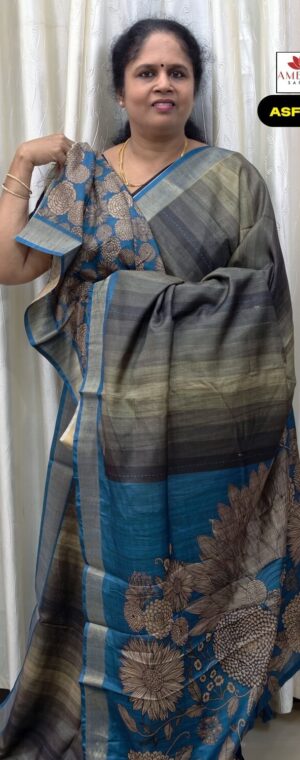 Olive & Grey Semi Tussar Saree With Self Zari Border | ASF954