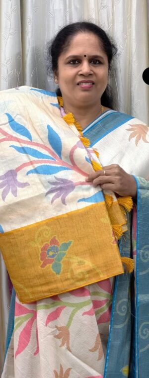 Off-White With Yellow Border Crushed Semi Tusssar Saree | ASF900