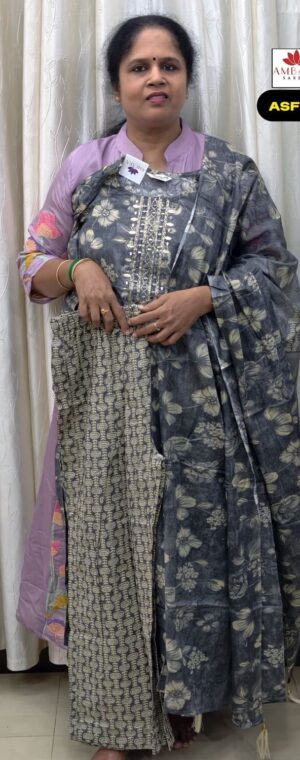 Grey Color Floral Printedcotton Kurti Set With Dupatta | ASF773