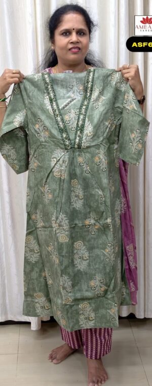 Light Green Color Floral Printed Cotton Kurti Set | ASF645