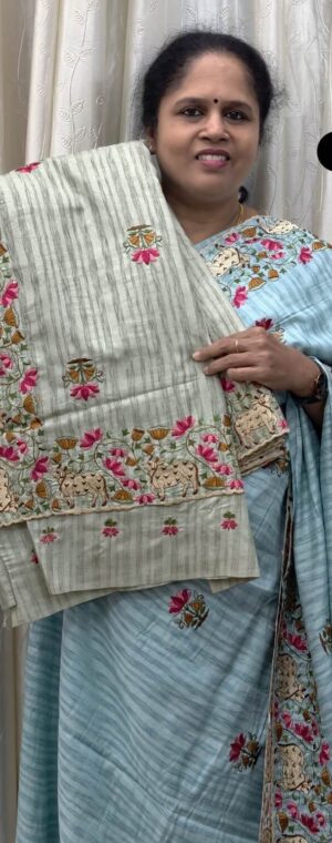 Light Green Floral Embroidery Semi Tussar Silk Saree | ASF804