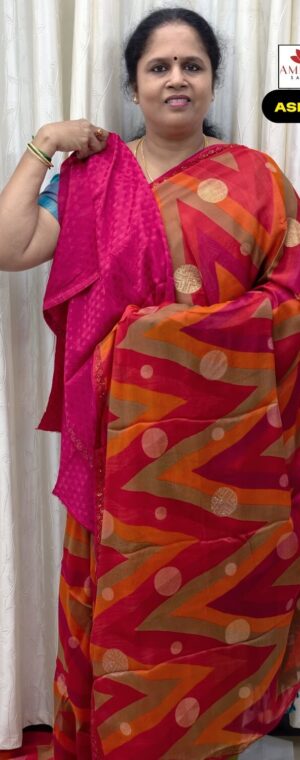Pink With Red Designer Chiffon Saree | ASF739