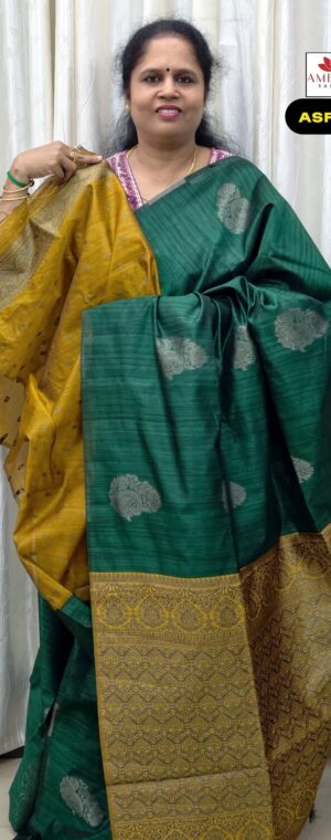 Green With Yellow Kora Semi Silk Cotton Saree | ASF647