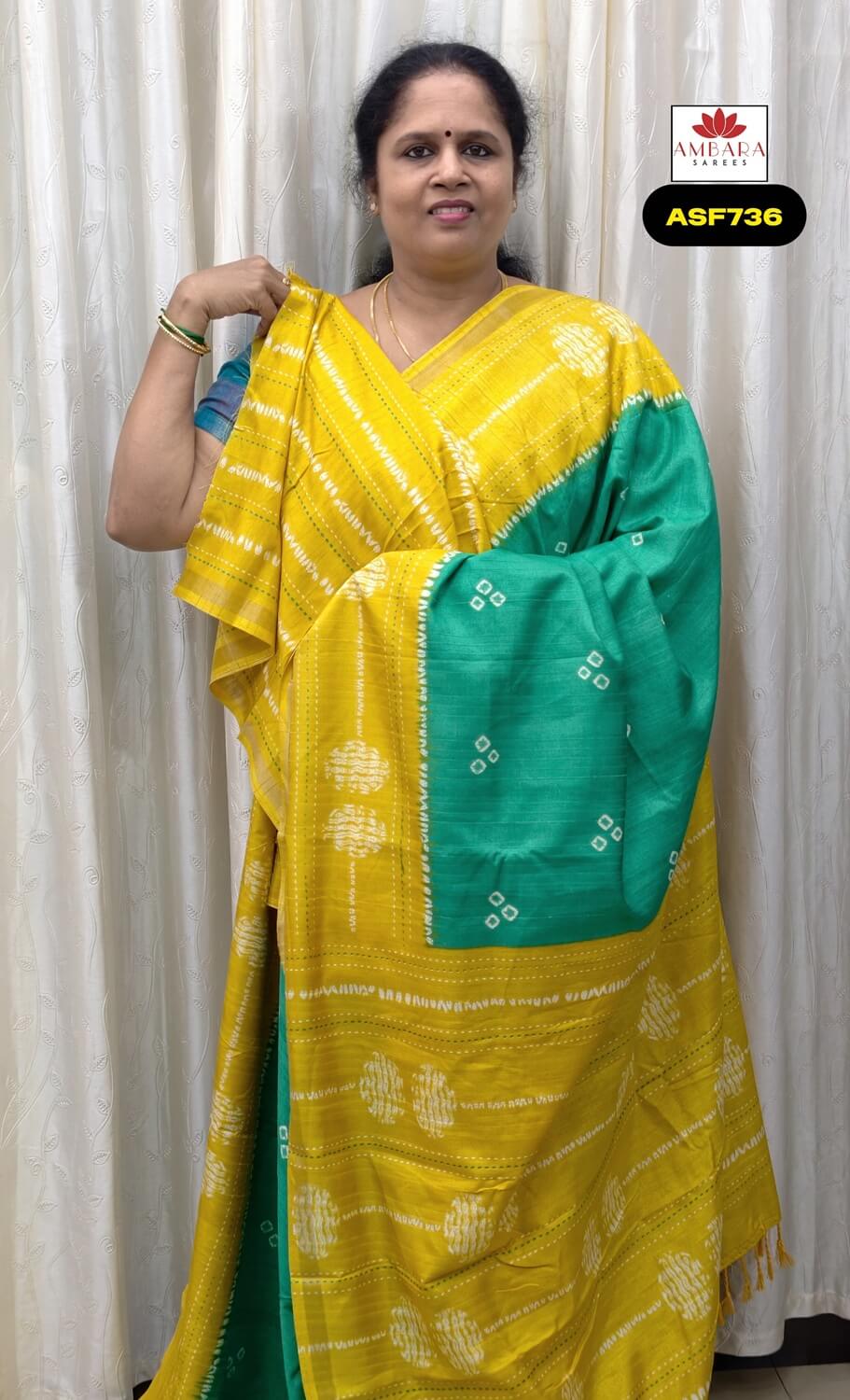 Green With Yellow Printed Semi Tussar Saree | ASF736